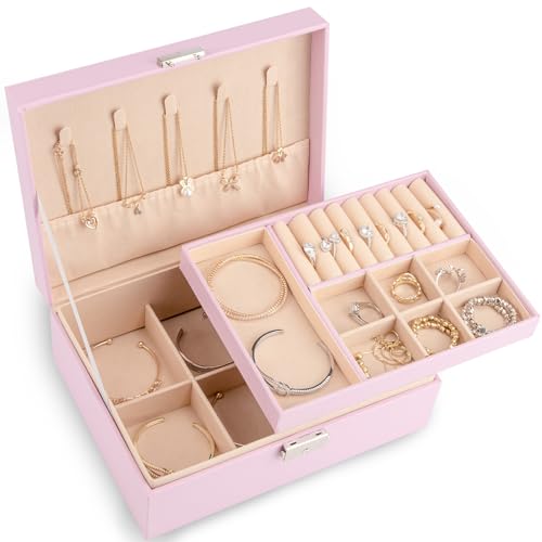 Meschett 2-lagige Schmuckschatulle, Schmuckhalter Organizer mit Schloss und herausnehmbarem Tablett, Schmuck-Organizer für Ringe, Ohrringe, Halsketten, Armbänder, Schmuckkästchen für Frauen,Rosa Meschett 2-lagige Schmuckschatulle, Schmuckhalter Organizer mit Schloss und herausnehmbarem Tablett, Schmuck-Organizer für Ringe, Ohrringe, Halsketten, Armbänder, Schmuckkästchen für Frauen,Rosa von Meschett