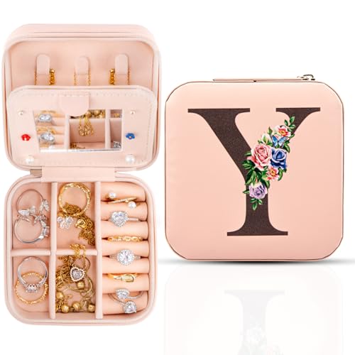 Reise-Schmuckschatulle mit Spiegel, Reise-Essentials-Schmuckhalter-Organizer, Ring-Halskette-Ohrring-Organizer, personalisiertes anfängliches Reiseschmuckkästchen, Geschenke für Frauen und Mädchen,Y von Meschett