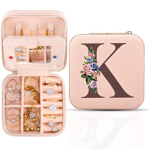 Reise-Schmuckschatulle mit Spiegel, Reise-Essentials-Schmuckhalter-Organizer, Ring-Halskette-Ohrring-Organizer, personalisiertes anfängliches Reiseschmuckkästchen, Geschenke für Frauen und Mädchen,K von Meschett