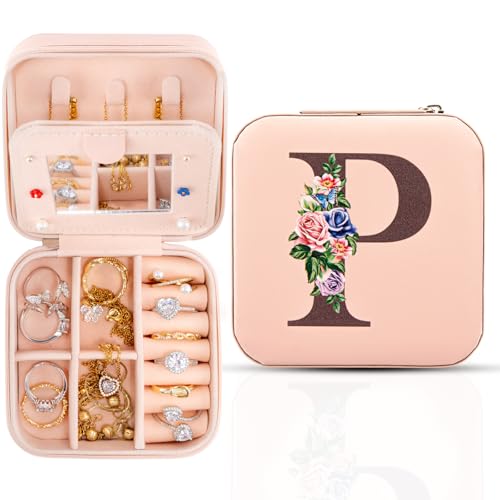 Reise-Schmuckschatulle mit Spiegel, Reise-Essentials-Schmuckhalter-Organizer, Ring-Halskette-Ohrring-Organizer, personalisiertes anfängliches Reiseschmuckkästchen, Geschenke für Frauen und Mädchen,P von Meschett