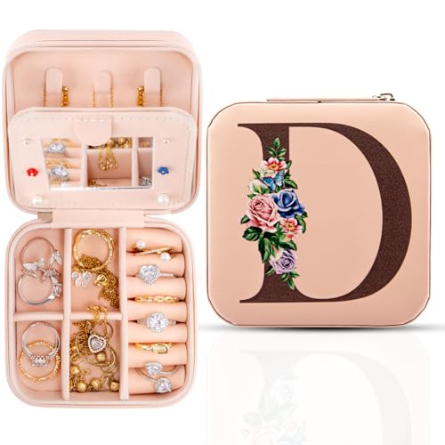 Reise-Schmuckschatulle mit Spiegel, Reise-Essentials-Schmuckhalter-Organizer, Ring-Halskette-Ohrring-Organizer, personalisiertes anfängliches Reiseschmuckkästchen, Geschenke für Frauen und Mädchen,D von Meschett