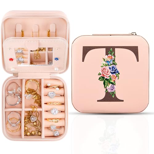 Reise-Schmuckschatulle mit Spiegel, Reise-Essentials-Schmuckhalter-Organizer, Ring-Halskette-Ohrring-Organizer, personalisiertes anfängliches Reiseschmuckkästchen, Geschenke für Frauen und Mädchen,T von Meschett