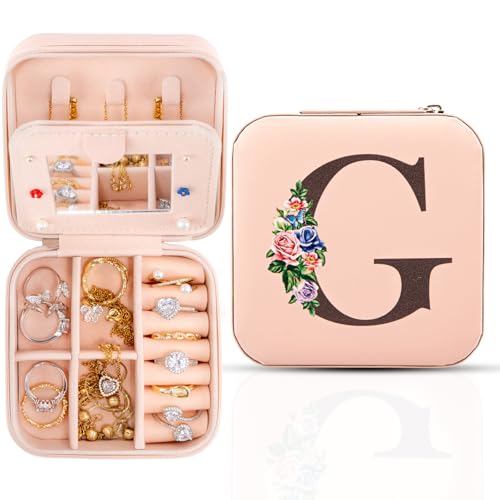 Reise-Schmuckschatulle mit Spiegel, Reise-Essentials-Schmuckhalter-Organizer, Ring-Halskette-Ohrring-Organizer, personalisiertes anfängliches Reiseschmuckkästchen, Geschenke für Frauen und Mädchen,G von Meschett