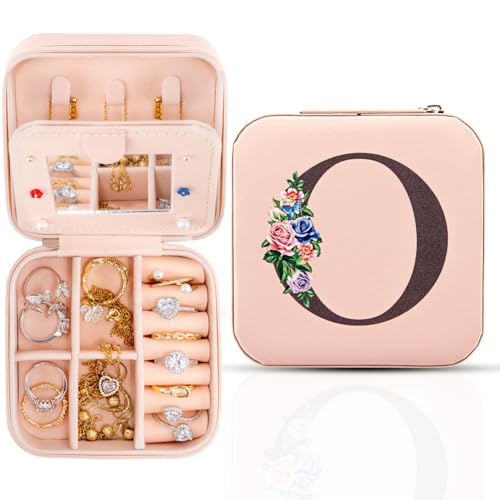 Reise-Schmuckschatulle mit Spiegel, Reise-Essentials-Schmuckhalter-Organizer, Ring-Halskette-Ohrring-Organizer, personalisiertes anfängliches Reiseschmuckkästchen, Geschenke für Frauen und Mädchen,O von Meschett