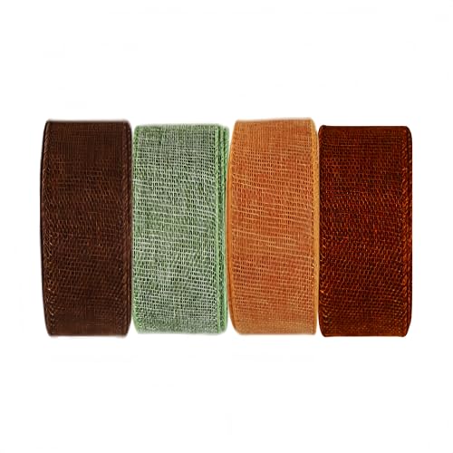 Meseey 4 Farben, insgesamt 20 Meter, Herbstband, 2,5 cm, Dunkelrot/Orange/Moosgrün/Braun, ohne Draht, Jute, Ernte, Erntedankfest, Farbic Band für große Schleife, Kranz, Outdoor-Dekoration (Herbst-Set) von Meseey