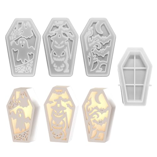 Mesen 3 Stück Silikonformen Gießformen Halloween, Halloween Coffin Silicone Mould, Geister,Spinnen,Kürbis Sarg Gipsformen zum Gießen Gießformen Silikon,Halloween Gießform Kerzenhalter für DIY Handwerk von Mesen