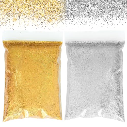 Mesen Glitzer zum Basteln 200g Gold Glitzerpulver Glitter Pulver Glitzer Basteln Glitzerpuder für Nägel Gesicht Kartenbasteln Handwerk Nagelkunst (100g Gold + 100g Silber) von Mesen