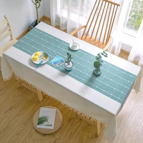 Mesnt Fabric Tablecloths, Polyester Geometric Lattice Patchwork Pattern with TasselDecorative Fabric Table Cover for Kitchen, Light Blue, 55 x 79 Inches von Mesnt