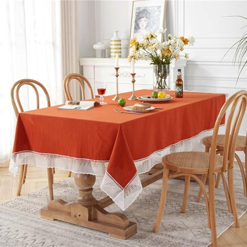 Mesnt Tischdeko Elegant, Baumwollspitze Einfarbig mit Netzkanten Tischtuch für Küche, Picknick, Tischdekoration, Orange, Orange, 120 x 160 cm von Mesnt
