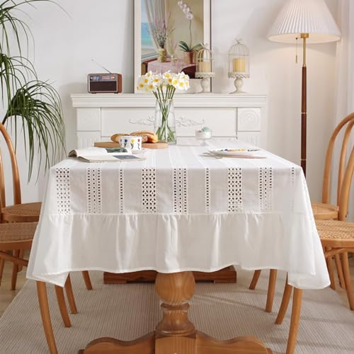 Mesnt Tischtuch Weiß, Baumwolle Ausgehöhlte Rüschen Tischtuch für Esszimmer, Garten, Party, Hochzeiten oder Haushalt, Weiß, Stil 1, 150 x 180 cm von Mesnt