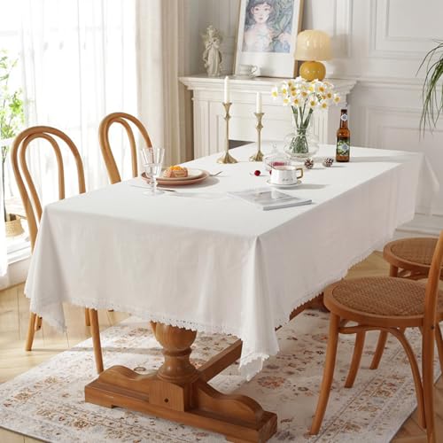 Tischdecke Elegant Schick, Baumwolle Einfarbig mit Spitzensaum Tischtuch für Küche, Picknick, Tischdekoration, Weiß, 140 x 220 cm von Mesnt