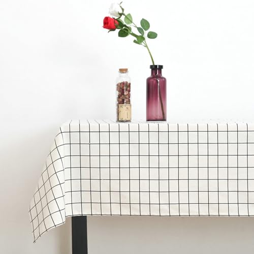 Tischdecke Esstisch Modern, Baumwolle Leinen Gittermuster Tischtuch für Esszimmer, Garten, Party, Hochzeiten oder Haushalt, Weiß, Stil1, 140 x 220 cm von Mesnt
