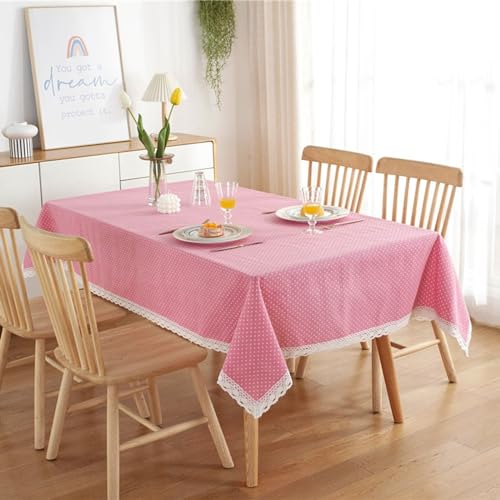 Tischdecke Landhausstil Vintage, Baumwolle Polyester Polka Dot mit Spitzensaum Tischtuch Fleckenschutz, Rosa, 140 x 260 cm von Mesnt