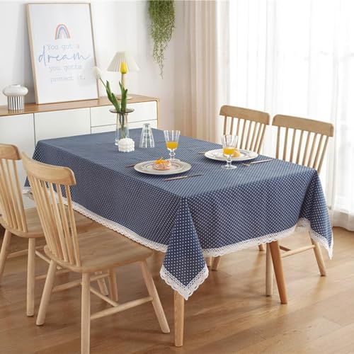 Tischdecke Spitze Vintage, Baumwolle Polyester Polka Dot mit Spitzensaum Tischtuch Fleckenschutz, Navy blau, 90 x 90 cm von Mesnt