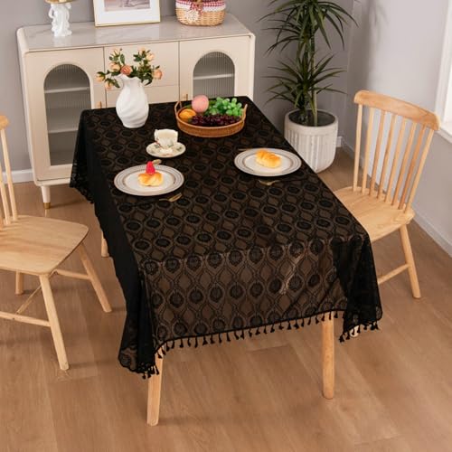 Tischdecke Spitze Vintage, Schwarz Dekorative Tischdecke aus Spitze mit floralem Gittermuster für den Esstisch in der Küche, mit Quaste | 140x140cm Tischdecke Spitze Vintage, Schwarz Dekorative Tischdecke aus Spitze mit floralem Gittermuster für den Esstisch in der Küche, mit Quaste | 140x140cm von Mesnt