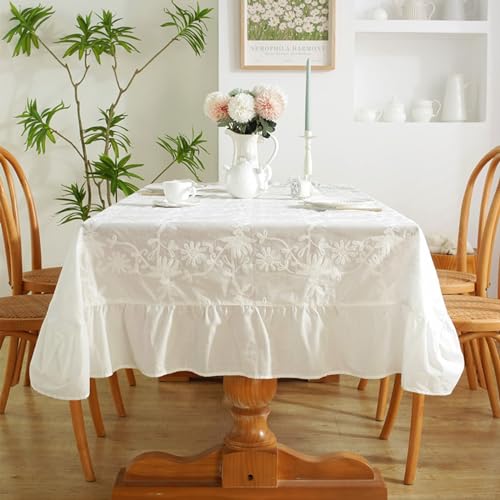Tischdecke Weiß, Baumwolle Gestickte Blume mit Rüschen Tischtuch Fleckenschutz, Weiß, 140 x 180 cm von Mesnt