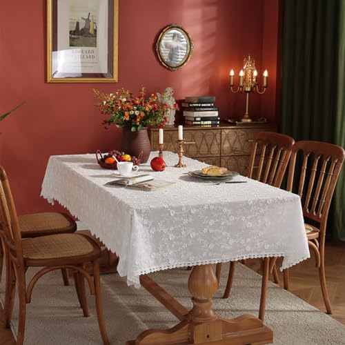 Weiße Tischdecke Baumwolle, Baumwolle Blumenranke Bestickt Tischtuch Fleckenschutz, Weiß, 130 x 220 cm von Mesnt