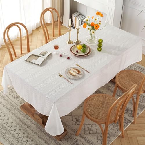 Weiße Tischdecke Baumwolle, Baumwolle Einfacher Streifen-Bauernhausstil Tischtuch Fleckenschutz, Weiß, StilB, 100 x 130 cm von Mesnt