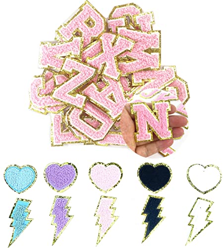 36 Stück Glitzer-Aufnäher zum Aufbügeln von Buchstaben Chenille A-Z Patches Herz Donner Patches Alphabet Patches Buchstaben Patches für Hemden Hüte Jeans Taschen (Rosa) von Mesoar
