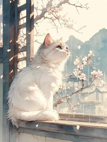 Mesribandy Vorgedruckt Kreuzstich Stickpackungen 11CT Sticken Set Erwachsene Kreuzstich Fensterbank-Katze Stickbilder für Anfänger Home Decor 50x70 cm von Mesribandy