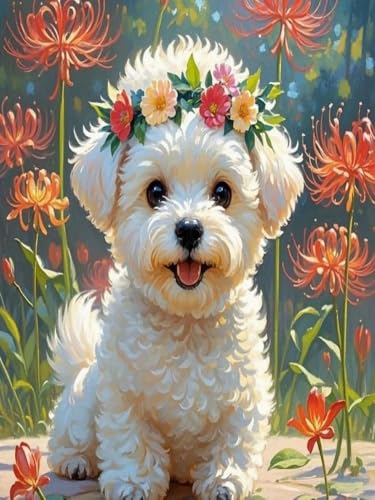 Mesribandy Vorgedruckt Kreuzstich Stickpackungen 11CT Sticken Set Erwachsene Kreuzstich Roter Blumenwelpe Stickbilder für Anfänger Home Decor 50x70 cm von Mesribandy