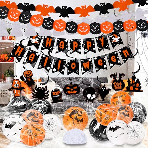 Halloween Deko, Wiederverwendbare Halloween Party Dekorationsset, Happy Halloween Banner, Halloween Girlande, Hängende HalloweenDekorationen,14 Halloween Luftballons, 60 g Spinnennetz Halloween Deko, Wiederverwendbare Halloween Party Dekorationsset, Happy Halloween Banner, Halloween Girlande, Hängende HalloweenDekorationen,14 Halloween Luftballons, 60 g Spinnennetz von MestectPET