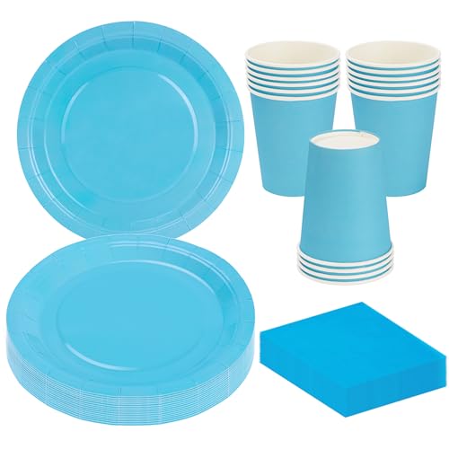 MestectPET 56 Stück Blau Partygeschirr Set, Pappteller Becher Servietten für 16 Gäste, Geschirr Set für Geburtstage Hochzeiten Babypartys Partys und Feiertage Tischdekorationen von MestectPET