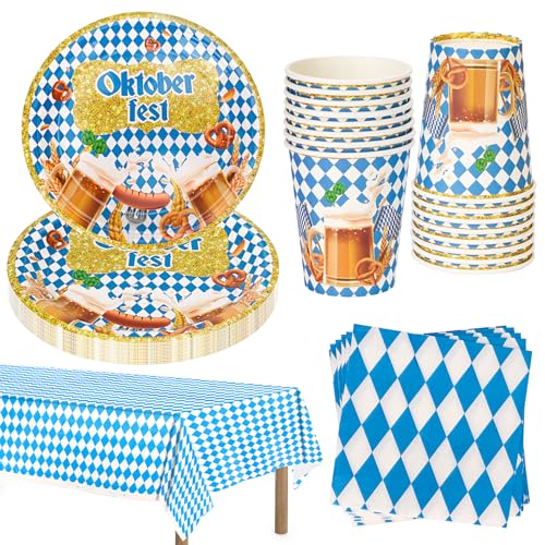 MestectPET 57 Stück Oktoberfest Partygeschirr Set, Blau Weiß Karierte Bayrische Party Pappteller Becher Servietten Tischdecke, Geschirr Set für Bayerische Bier Festival Grillfeste Bierfest Outdoor von MestectPET