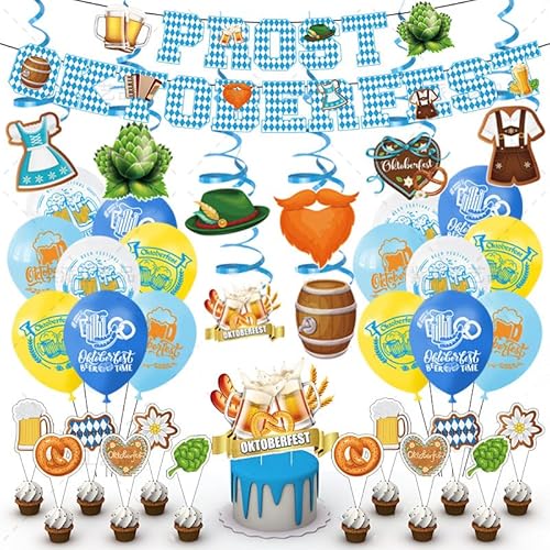 Oktoberfest Bayrische Deko Set, 1 Banner, 16 Luftballons, 8 Bierzelt Spiralen, 25 Cupcake-Topper von MestectPET