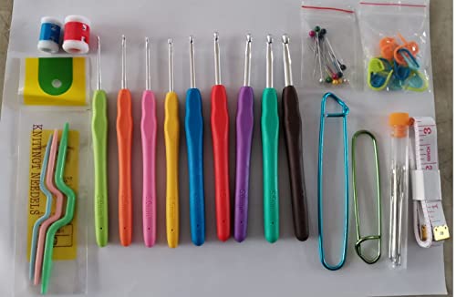 Mestraft 50 Stück Ergonomisches Häkelnadel-Set, 9 Größen (2 mm – 6 mm), ergonomische Häkelnadeln mit weichem Griff, Aluminiumspitze, buntes Amigurumi-Set, Handwerksnadeln, Werkzeuge, Zubehör von Mestraft