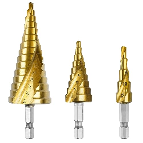 Mesybveo 3 Stück HSS Stufenbohrer Set, 4-12 mm/4-20mm/4-32mm Titanbeschichtete Kegelbohrer Schälbohrer, Hex Shank Kegelstufenbohrer, Konusbohrer mit Gelaserter Skala, für Holzbretter, Kunststoff Mesybveo 3 Stück HSS Stufenbohrer Set, 4-12 mm/4-20mm/4-32mm Titanbeschichtete Kegelbohrer Schälbohrer, Hex Shank Kegelstufenbohrer, Konusbohrer mit Gelaserter Skala, für Holzbretter, Kunststoff von Mesybveo