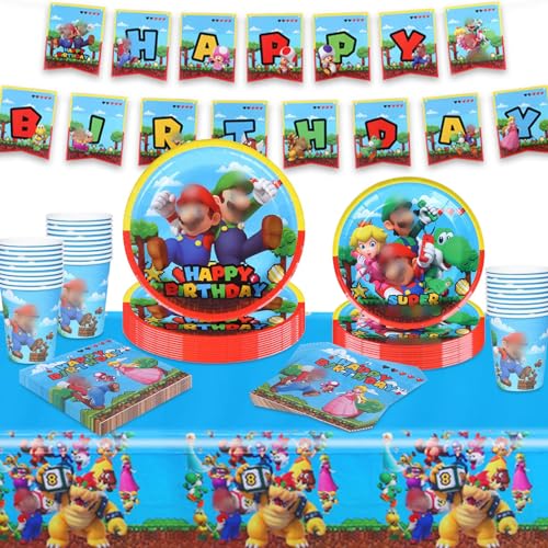 Mario-Geburtstagsparty-Geschirr, 82 Stück, Partyzubehör, für Kinder, Teller, Mario, Pappbecher, Servietten, Tischdecke, Flagge für 20 Personen (Stil A) von Metaparty