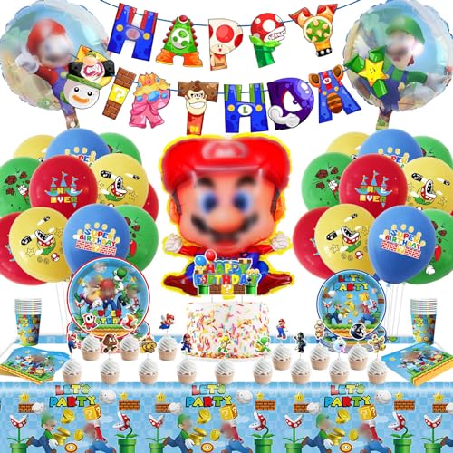 Mario-Geburtstagsparty-Geschirr, 92 Stück, Partyzubehör, für Kinder, Teller Mario, Becher aus Papier, Servietten, Tischdecke, Flagge 10 Personen (Stil B) von Metaparty