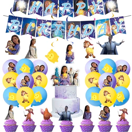 Metaparty Partygeschirr 50 Pcs Asha Prinzessin Cartoon-Thema Geburtstagsdeko mit Pull-up-Fahnen, Latexballons, Einlegeplatten, Hängespins von Metaparty