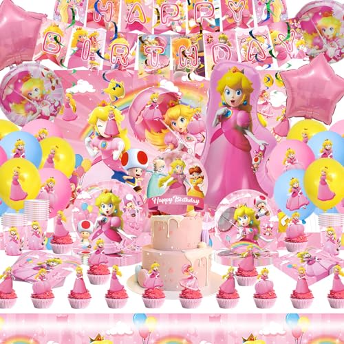 Metaparty Rosa Partygeschirr Prinzessin Peach, Mario Partyzubehör 117-teilig, Teller, Servietten, Tischdecke, Luftballons, Geburtstagsparty-Set für Mädchen für 10 Personen von Metaparty