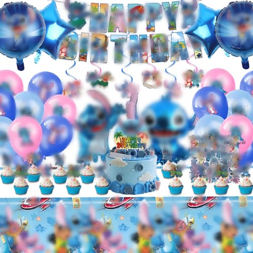 Metaparty Stitsh Geburtstagsballon-Set, 95 Stück, Geburtstagsdekoration für Mädchen, Kinder, Tischdecke, Geburtstag, Kuchendekoration, Aufkleber (10 Personen, C) von Metaparty