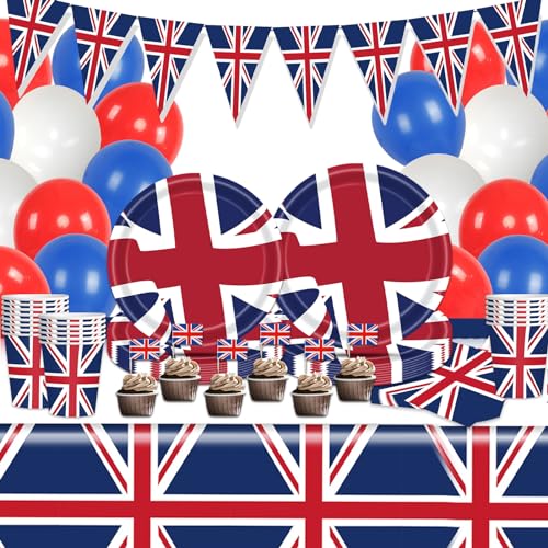 Metaparty Union-Jack-Geschirr-Set, Union-Jack-Ballons, Partyteller, Dekorationen, Union Jack-Teller, Tasse, Tischdecke, Ballon, Banner für Feiertag, VE-Tag und andere britische Feiern (B) von Metaparty