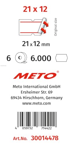 METO Preisauszeichner Loch-Etiketten (21x12 mm,1-zeilig, 6.000 Stück, rechteckig, weiß-rot, permanent) passend für Herlitz, Samark, Motex, Jolly, Irex, Uno von Meto