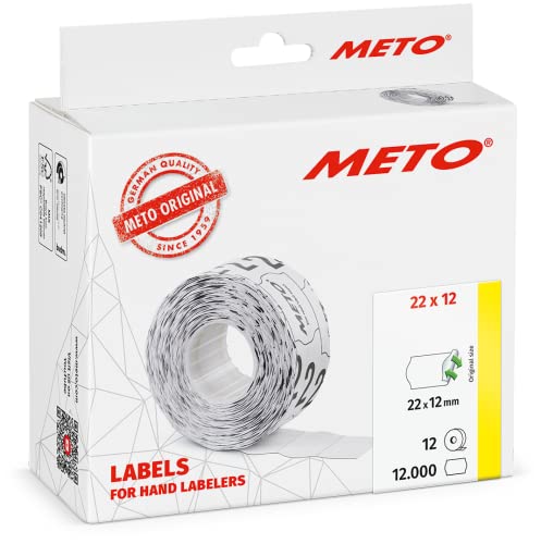 Meto Etiketten für Handauszeichner (22 x 12 mm, 1-zeilig, 12.000 Stück, weiß, wiederablösbar, für METO, Contact, Sato, Avery, Tovel, Samark etc.) von Meto
