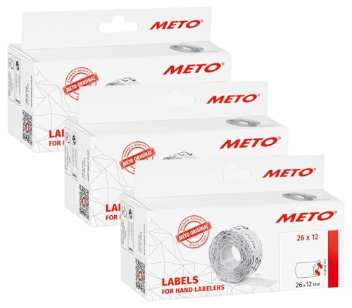 Original Meto Preisauszeichner Etiketten (26x12 mm, 1-zeilig, 6.000 Stück, weiß, permanent, Preisetiketten für Meto, Hutner, Avery, Contact, Sato, Tovel etc.) (Packung mit 3) von Meto