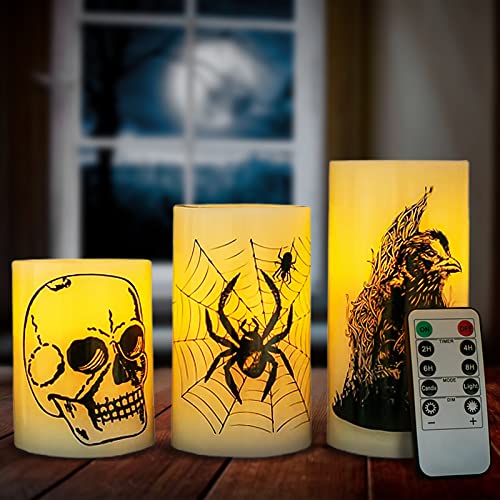 3 Halloween LED Kerzen und 1 Fernbedienung, Halloween-Dekoration, echtes Paraffinwachs-Kerzenlicht mit Totenkopf, Spinnennetz, Krähen-Raben-Aufkleber-Design von Metuu