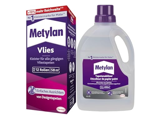 Metylan Vlies, Tapetenkleister für Vliestapeten, Kleister mit hoher Ergiebigkeit (1x360g) & Metylan Tapetenablöser Aktiv-Konzentrat, löst schnell und problemlos (1x 1l) von Metylan