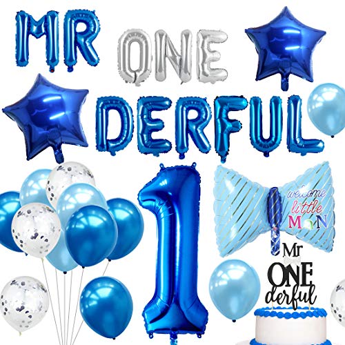 Meuparty Mr Onederful 1. Geburtstag Dekorationen Mr Wonderful 1. Geburtstag Blue Balloon Banner Cake Topper Fliege Folie Ballon von Fangleland