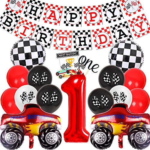 Meuparty Rennwagen 1. Geburtstag Dekorationen Autos 1. Geburtstagsfeier liefert Alles Gute zum Geburtstag Banner Monster Truck Folie Ballon Cupcake Toppers von Meuparty