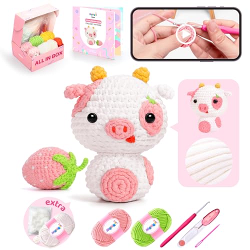 Mewaii Häkelset für Anfänger, Komplettes DIY Set für Erwachsene Häkelnadel Set mit Vorgestartetem Garn und Schritt-für-Schritt-Video-Tutorials für Erwachsene und Kinder (Erdbeer Kuh) von Mewaii