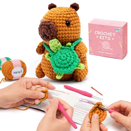 Mewaii Häkelset für Anfänger Stufe 1 mit 40% extra vorgestartetem Easy Garn, Schritt-für-Schritt-Video-Tutorials für Erwachsene und Kinder (Capybara) von Mewaii
