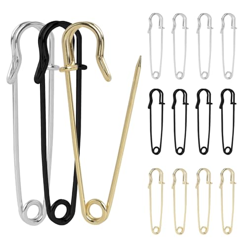 15 PCS Große Sicherheitsnadeln(7cm, Silber, Gold und Schwarz), Metall Sicherheitsnadeln, Extra große Nadeln für Leder, Leinwand, Handwerk und Kleidung, Robuste Federverschluss Nadeln von Mewtush