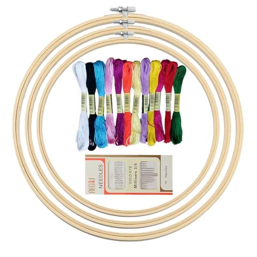 3 PCS Stickrahmen Holz Set, Kreuzstich Ring Set, Stickgarn Set, Bambus Stickrahmen mit 10 cm, 15 cm und 20 cm Durchmesser, 1 Schachtel mit 16 Sticknadeln und 12 Farben Stickgarn (zufällige Farben) von Mewtush