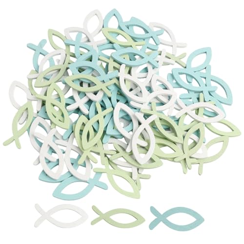 90 PCS Tischdeko Konfirmation, 4cm, 3 Farben (Weiß, Blau, Grün), Kommunion Taufe Tischdeko, Holz Fische Deko, Ideal Für Jungen Und Mädchen, Streudeko Für Festlichkeiten von Mewtush