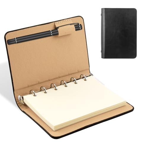 Notizbuch A7 Kleines mit Lederumschlag, Ringbuch A7, Notizbuch Klein, 6 Ring Ringbuch Mini Notiz-buch mit Nachfüllbarem Papier, Kompakt und Tragbar für Schule, Büro, Schreiben und Zeichnen, Schwarz von Mewtush